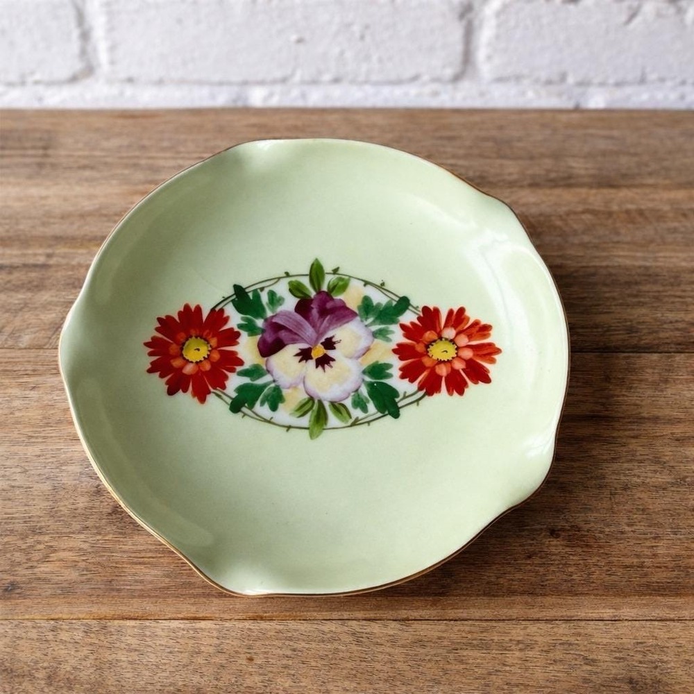 Erphila‎ Bavaria Pansy Dish Hand Painted Celadon Green Porcelain Ring Dish 1920s